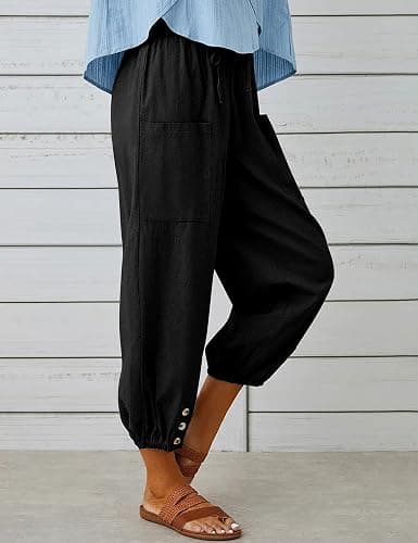HangNiFang Cotton Linen Capri Pants for Women High Elastic Waisted Drawstring Cropped Pants with Pockets thumbnail 2