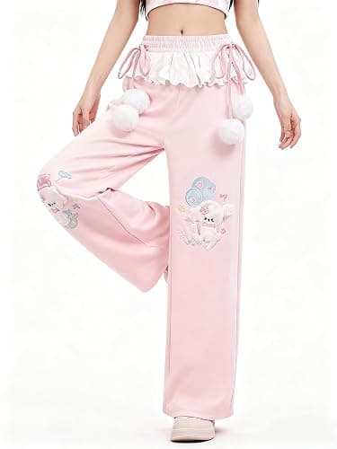 Women Y2k Kawaii 3D Plush Puppy Embroidery Sweatpants Harajuku Cutecore Lace Trim Bow Tie Baggy Casual Wide Leg Joggers thumbnail 6