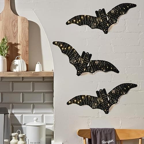 3 Pack Halloween Decorations Indoor Wall Decor with Lights & Batteries Included, Black Rattan Pre-Lit Spooky Bats Room Decor, 3D Hanging Signs for Covered Porch Home Haunted House Party thumbnail 5