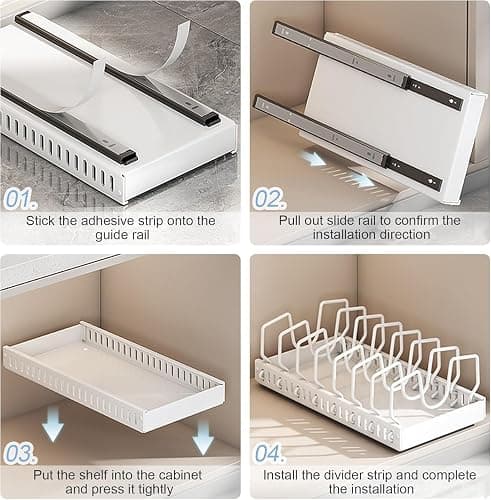2 Pack Pull Out Pots and Pans Organizer Rack for Cabinet and Countertop, Pull Out Cabinet Organizer with 8 Adjustable Dividers, Kitchen Storage for Pot Lid, Dishes, Bakeware, Pots and Pans, White thumbnail 6