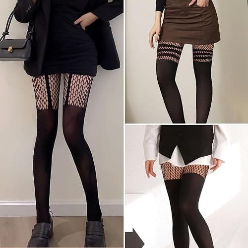 MANZI Womens Faux Thigh High Fishnet Stockings Stitching Opaque Pantyhose Mock Over the Knee Goth Striped Suspender Tights thumbnail 8