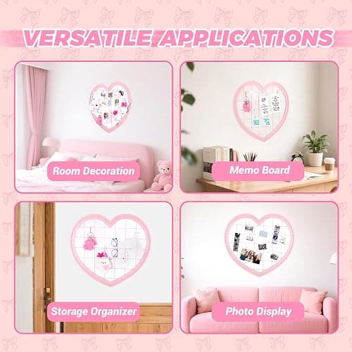Jazcimdo Pink Preppy Coquette Room Decor, Heart Shape Wire Wall Grid Panel for Photo Display Board and Wall Storage Organizer, Wall Decor for Teen Girls and Women Home Bedroom Living Room and Dorm thumbnail 7