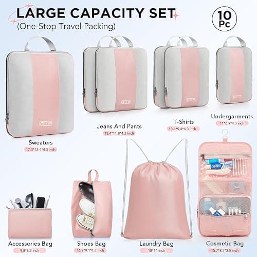 10 Set Compression Packing Cubes for Travel Essentials,Compressible Expandable Packing Cubes for Suitcase,OlarHike Luggage Organizer Bags for Travel,Handy Helper for Organizing Clothes(Pink) - 06-Pink thumbnail 2