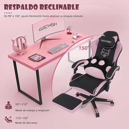 YU YUSING Bonita Silla Gaming con Pata de Gato Cojín Lumba y Orejas de Gato, Silla Gamer Ergonómica Escritorio, Reposapiés Reposacabeza, Caldera de Ordenador para Niñas, Adolescentes, Oficina, Rosa thumbnail 3
