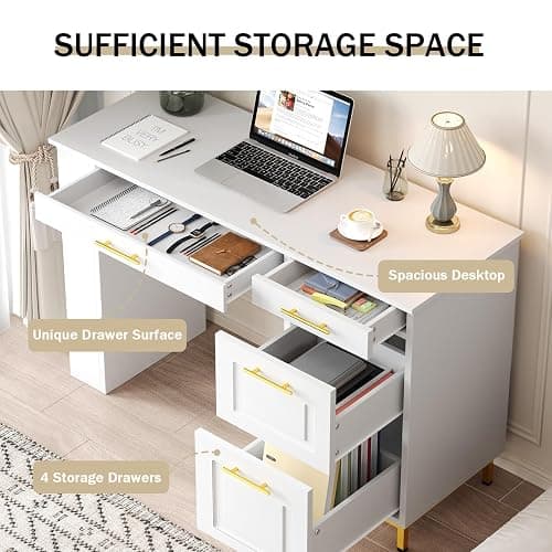 4 EVER WINNER White Desk with Drawers, 48 Inch Small Desks with Power Outlet and Side Shelf, Wood Computer Desk with Storage for Small Spaces, Study, Bedroom, White and Gold thumbnail 5