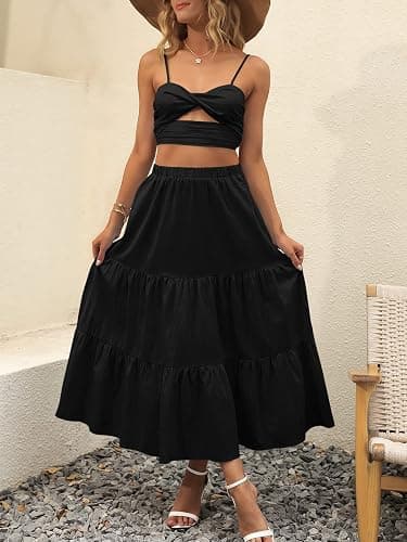 ANRABESS Women’s Summer Boho Flowy Swing Tiered A-Line Maxi Skirt 2026 Fashion Trendy Elastic Waist Pleated Long Beach Dress thumbnail 4