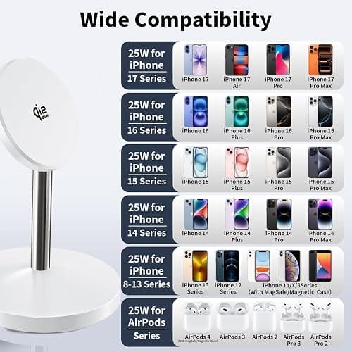 Magnetic Wireless Charger iPhone Stand,Qi2-Certified 25W Mag-Safe Charger Fast Charging Stand 35W USB C Adapter 6FT Cable Wireless Fast Charging Station for iPhone 17 Pro Max/17/16/15/14/13/12,AirPods thumbnail 6