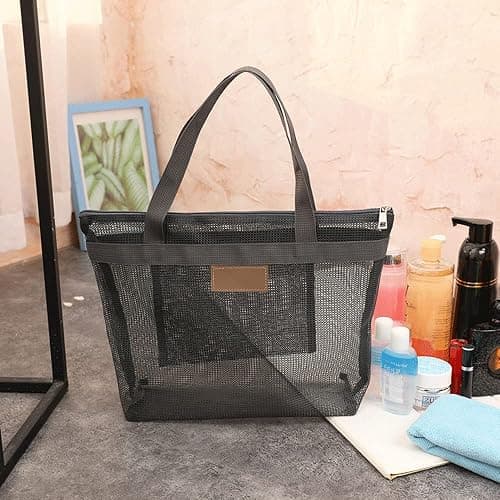 Pebipoo Mesh Shower Caddy, Quick Dry Portable Tote with Zipper and Inner Pocket, Beach Bag, Lightweight Bath Organizer for College Dorm, Swimming, Gym, Beach, Travel (Gray) thumbnail 7