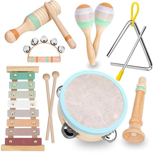 Raimy Musical Instruments Set - Neutral Colors Wooden Montessori Toys Percussion Music Modern Boho Xylophone Birthday Gifts for 1 2 3 Year Old Kids Baby Toddlers Boys Girls 3+ with Storage Bag - Image 1
