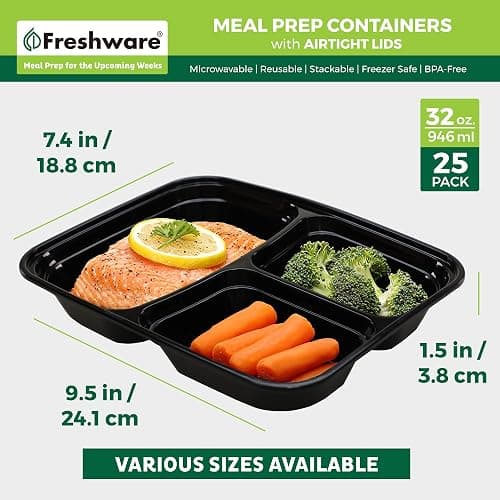 Freshware Meal Prep Containers [25 Pack] 3 Compartment with Lids, Food Storage Containers, Bento Box, Stackable, Microwave/Dishwasher Safe (32 oz) thumbnail 2