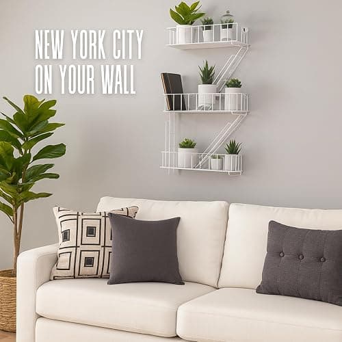 Fire Escape Wall Shelf – New York Decorative Floating Shelf – Wall Art Ladder Shelf – White Metal Trinket Shelves for Bedroom, Living Room, Home, Storage and Display (3-Tier) thumbnail 8