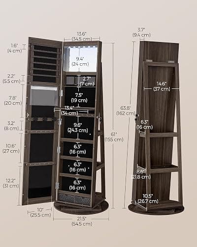 SONGMICS 6 LEDs Lockable Mirror Jewelry Cabinet, 360° Swivel Jewelry Organizer Armoire Standing, Frameless Full-Length Mirror, 3 Storage Shelves, Christmas Gifts, Ash Brown, Black Lining UJJC007K02 thumbnail 3