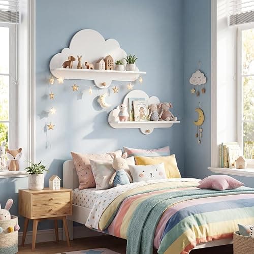 Costzon 2 Pieces Floating Cloud Shelves, Wall Mounted Kids Bookshelf w/Compartments, Cute Corner Bookshelves, Space Saving Wall Shelves for Kid's Room, Nursery, Playroom & Bedroom (White Cloud) thumbnail 8