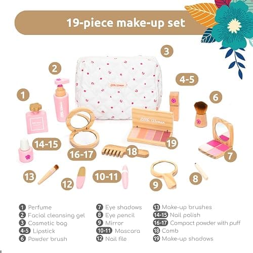UMU® Wooden Pretend Makeup Kit for Toddlers – Realistic Toy Beauty Set for Girls with Lipstick, Mirror, Perfume, Powder & Cosmetic Bag – Play Makeup for Kids Ages 3 4 5 6 thumbnail 6