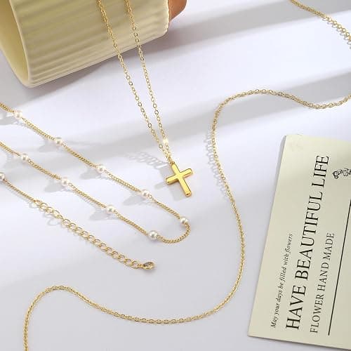 Reuscol Gold Cross Necklace for Women, Dainty 14K Gold Plated Cross Pendant Necklace Non Tarnish Gold Layered Necklace Stack Christian Baptism Religious Faith Jewelry Christmas Gifts for Women thumbnail 6