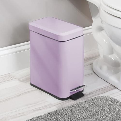 mDesign Small Modern 1.3 Gallon Rectangle Metal Lidded Step Trash Can, Compact Garbage Bin with Removable Liner Bucket and Handle for Bathroom, Kitchen, Craft Room, Office, Garage - Wisteria Purple thumbnail 2