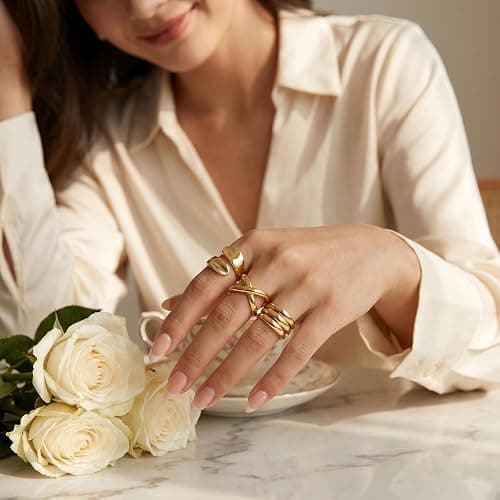 YEEZII Chunky Gold Rings for Women Non Tarnish, 18K Gold Plated Stackable Thumb Ring, Statement Women Rings Set thumbnail 8