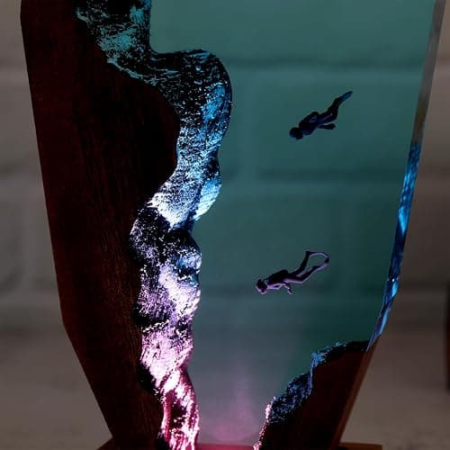 Drawelry Ocean Creative Epoxy Resin Wood Light Lamp, Handmade Multi Color Aquatic Ocean Lamp Deep Sea Diver Cave Diving Enthusiasts Led Night Light Desktop Decor Christmas Birthday Gift (Diving, S) thumbnail 5