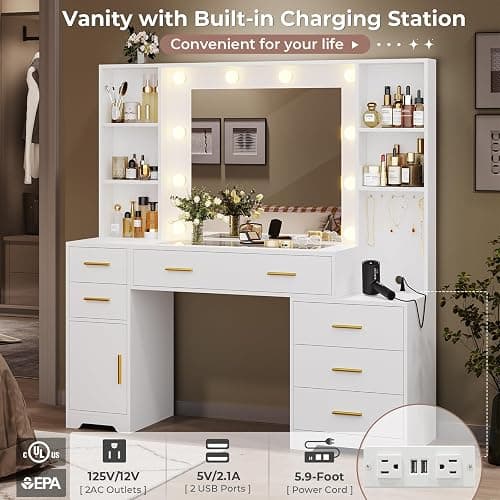 Hasuit 48.8'' Large Vanity Desk with Lighted Mirror & Power Outlet, White Makeup Vanity Table with 6 Drawers, 4 Shelves and 1 Storage Cabinet, Glass Tabletop Bedroom Dressing Table, 3 Lighting Modes thumbnail 5