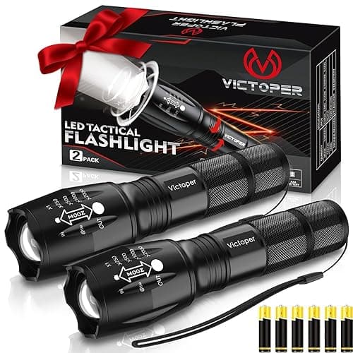 Victoper LED Flashlight 2 Pack, Bright Tactical Torch High Lumens with 5 Modes, Waterproof Zoomable Flash Light for Outdoor, Gifts for Men, Dorm Room Hunting Camping Essentials Gear for Guys
