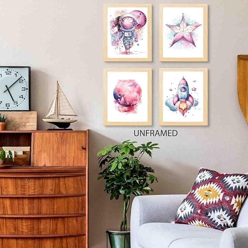 MOCVSWO Pink Outer Space Wall Art Prints,Watercolour Star Rocket Astronaut Posters for Nursery Decor Girls Room Decor Kids Bedroom Boys Playroom Classroom Decor,Set Of 4 (8X10inch,Unframed). thumbnail 3
