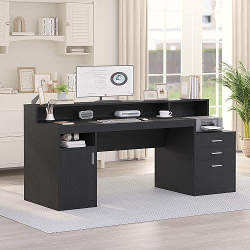 YOMILUVE Computer Desk with 3 Drawer & Storage Shelves, Home Office Desk with File Drawer & Cabinet, Writing Study Table with Long Monitor Stand & Printer Shelf, Executive Desk, Black thumbnail 8