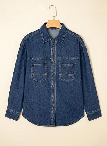 Sidefeel Women Denim Shirts Oversized Long Sleeve Button Down Blouse V Neck Casual Top Shackets thumbnail 5