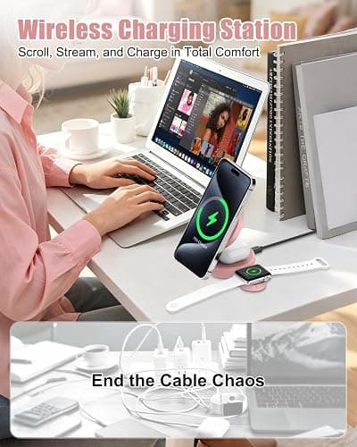 3 in 1 Magnetic Wireless Charging Station for iPhone 17/16/15/14/13/12 Series, Apple Watch and AirPods, MagSafe-Compatible 15W Fast Charging Stand, Foldable Adjustable Travel Charger, Pink thumbnail 3