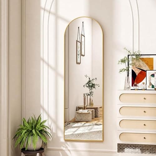 POMILER Arched Full Length Floor Mirror with Gold Aluminum Frame, 56"x15" | HD Tempered Glass, Wall or Floor Mount, Distortion-Free Reflection, Float Glass & Alloy, Multiple Display Options thumbnail 4