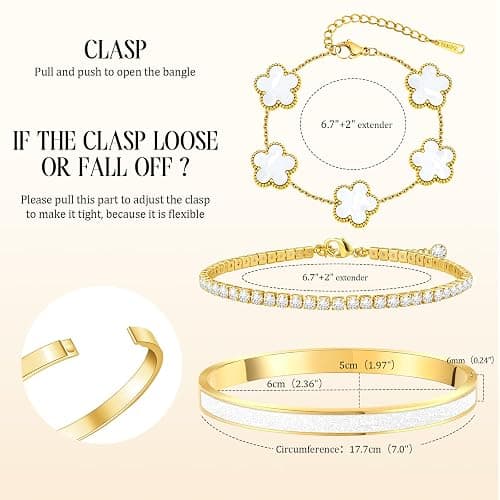 MOINSPIRE Gold Bracelets for Women, 18K Gold Plated Tennis Nail Clover love Bangle Bracelets Set Non Tarnish, Stainless Steel Trendy Stackable Bracelet Fashion Jewelry Accessories Gifts for Christmas thumbnail 5
