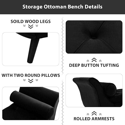 Hdxdkog Storage Bench for Bedroom End of Bed, 65" Velvet Upholstered Rolled Armed Button Tufted Stool Bench, Storage Ottoman Long Bench with with 2 Pillows for Entryway (Black) thumbnail 5