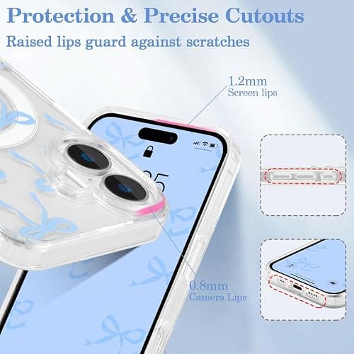 UEEBAI Magnetic for iPhone 16 Case, Bow Case Compatible with MagSafe, Wireless Slim Clear Ribbon Aesthetic Phone Cover Anti-Yellowing Shockproof Protective Cover for Women Girl - Baby Blue thumbnail 3