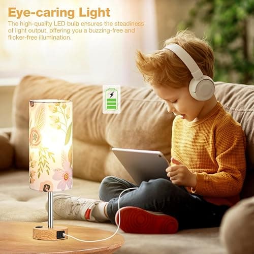 Fenmzee Floral Touch Lamp for Bedroom- 3 Way Dimmable Bedside Lamp USB C A Charging Ports and AC Outlet, Small Table Lamp Floral Linen Lampshade for Gift, LED Bulb Included thumbnail 7