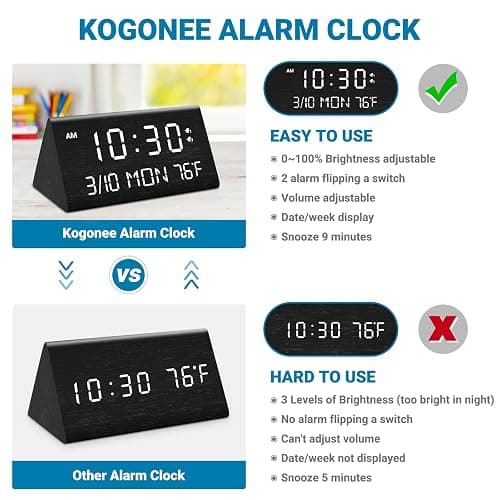 Kogonee Wooden Digital Alarm Clock, 0-100% Dimmer, 2 Alarm Settings, Weekday/Everyday Mode, 9 Mins Snooze, 12/24H, Temperature and Date Display for Office, Travel, Bedroom Alarm Clock (Black) thumbnail 10