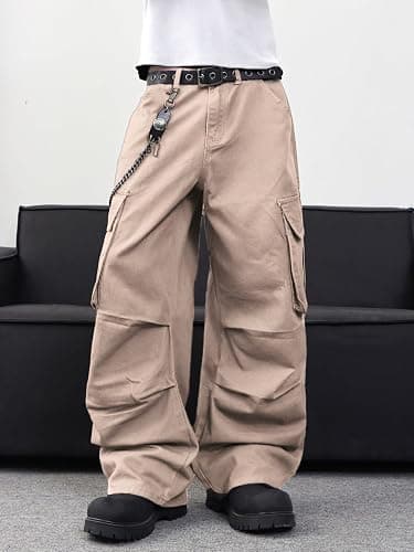 DFGIGT Mens Denim Baggy Pants with Cargo Pockets Mid Weight Casual Streetwear Wide Leg Jeans Hip Hop Skater Trousers thumbnail 4