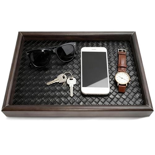 Wooden Valet Tray Desk Organizer with Leather Base,Nightstand, Entryway Bedside Dump Holder for Wallets, Keys, Watches, Jewelry & Sunglasses - Image 1