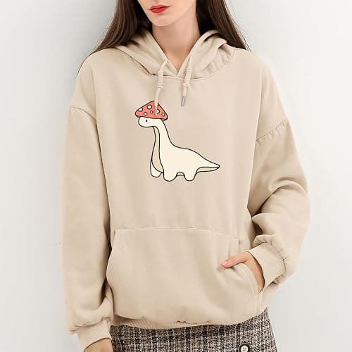 Weetiotio Oversized Cute Mushroom Dino Print Hoodies for Womens Kawaii Cartoon Sweatshirt Teen Girls Cotton Fleece Sweaters thumbnail 2