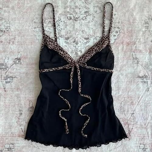 Damen Sexy Spaghettiträger Tops - Vintage Y2K Geparden-Print Cropped Camisole Slim Fit Ärmelloses Tank Top für Sommer Casual Streetwear Ausgehen Party thumbnail 3