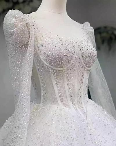 RYANTH Beaded Sequin Wedding Dress for Bride Sparkly Long Sleeves Bridal Ball Gown Luxury Wedding Dresses RDX-W29 - 0 - White thumbnail 4