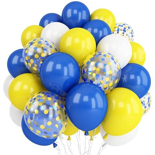 Yellow Blue Balloons 12 Inches with Confetti Balloon | Dark Blue Yellow White Latex Balloon Helium for Kids Birthday Graduation Baby Shower Party Decoration - Image 1