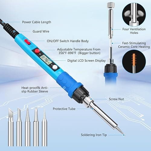Soldering Iron Kit, 80W 110V LCD Digital Solder Iron Pen with Ceramic Heater, Portable Welding Tools with 5pcs Tips, Stand, Solders Wire, Sponge, Paste, for Metal,Electric Repairs, DIY thumbnail 2