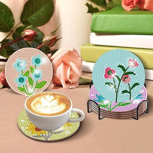 DOTZSO 8 Pcs Diamond Art Coasters Kit with Holder, Diamond Art Kits for Adults Beginners Small Diamond Painting Coasters, Arts and Crafts for Adults Supplies Item Sets (Flower) thumbnail 4