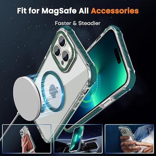 DEERLAMN Strong Magnetic Case for iPhone 14 Pro Max 6.7-Inch,[Compatible with Magsafe][Military Grade Drop Protection] Clear Slim Shockproof Protective Phone Cover-Transparent+Green thumbnail 4