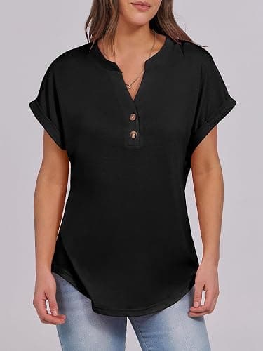 ANRABESS Womens Short Sleeve Henley Tops V Neck Dressy Casual Blouses Summer Trendy Tee Shirts 2025 Vacation Fashion Clothes thumbnail 2