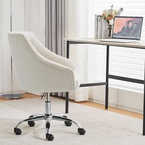 MOJAY Velvet Office Swivel Chair, Vanity Fabric Desk Pretty Fancy Gold Office Chairs for Girls, 360°Swivel Height Adjustable Reception Chair (White) thumbnail 2