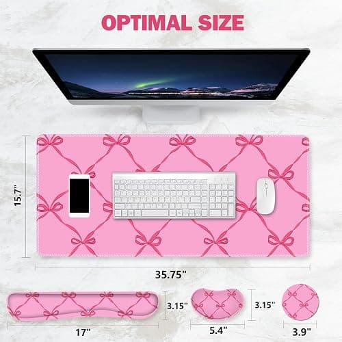 ToLuLu Large Mouse Pad Desk Pad Set, Wrist Rest Support Desk Mat for Keyboard Mouse, 4PCS 35.4”x15.7 XXL Giant Mouse Pad, Non-Slip Base Stitched Edges Mousepad Office Desk Decor, Hot Pink Bow thumbnail 7