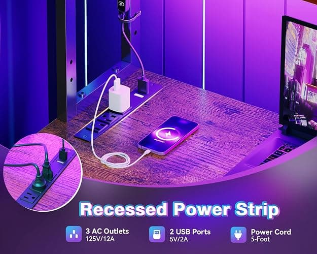 AODK L Shaped Desk Gaming Desk with LED Light & Power Outlet, 53 Inch Reversible L Shaped Computer Table with Shelf & Storage Bag & Hook for Home Office, Vintage thumbnail 5