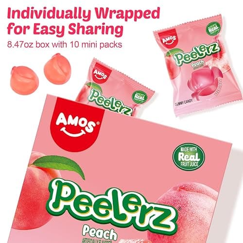 AMOS Peelerz Gummy Peach Candy, Peelable Fruit-Shaped Candy, 8.47oz Box with 10 Individual Packs – Fun Peeling Gummy Snack Made with Real Juice thumbnail 4
