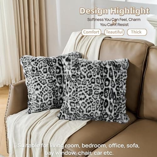 Set of 2 Faux Fur Snow Leopard Pillowcase,Cheetah Skin Soft Plush Animal Fur Print Throw Pillow Cover Case,Super Cozy Decorative Cushion Covers for Couch Sofa 20x26 Inches thumbnail 5