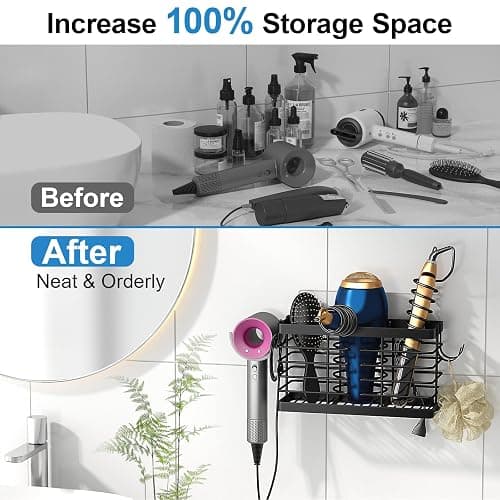 Sevenblue Hair Tool Organizer, 3-in-1 Universal Hair Dryer Holder, Adjustable Height Metal Blow Dryer Holder Wall Mounted/Over Cabinet Door/Free-Standing (Black) thumbnail 3